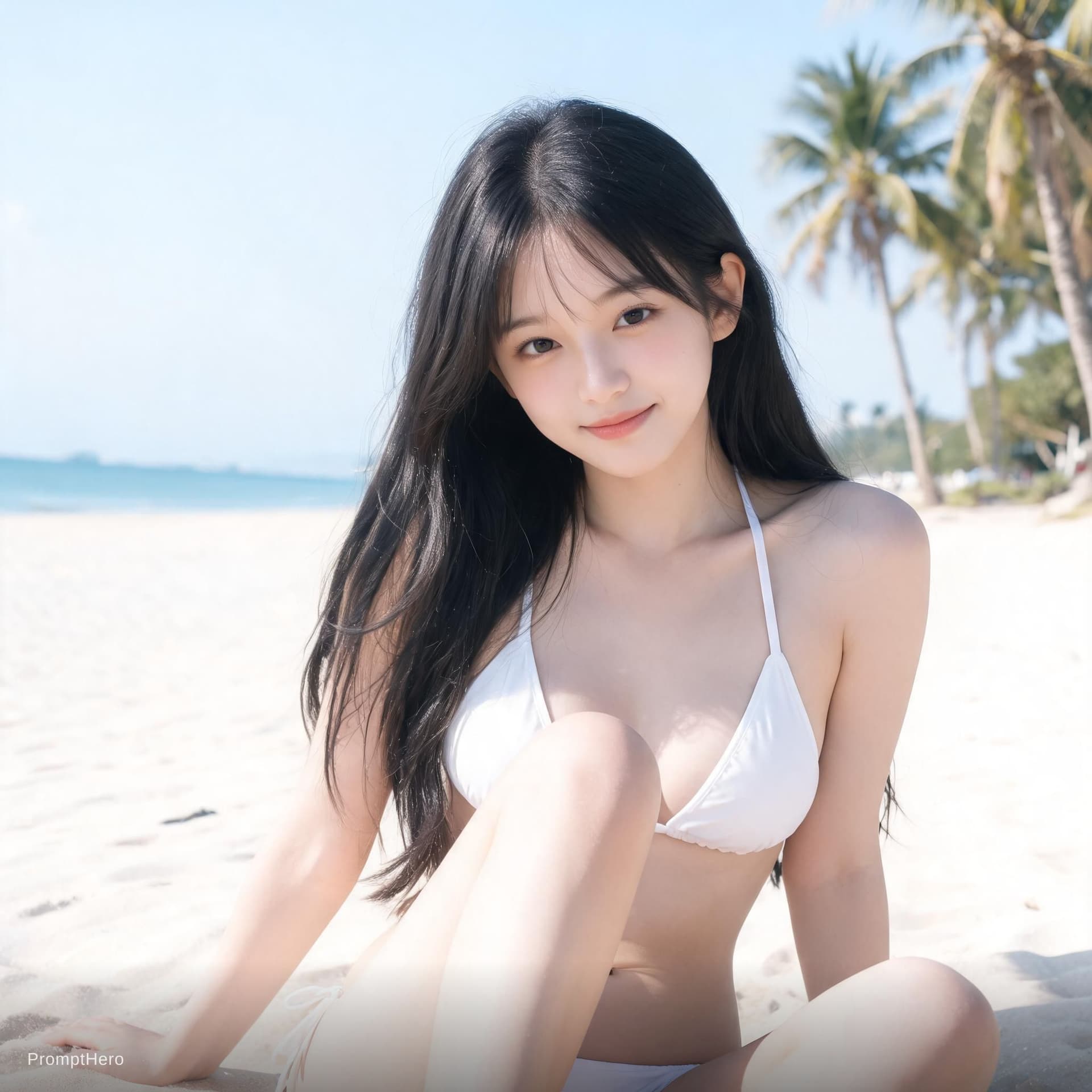 AI generated: 
逼真的风格，非常细致。一个20岁出头的年轻成年女性，有着黑色、自然长发、半透明的皮肤、可爱的脸蛋和自然、略带害羞的微笑。背景是热带度假区的白色沙滩，远处是模糊的蓝色大海和天空，还有椰子树。这个女人穿...