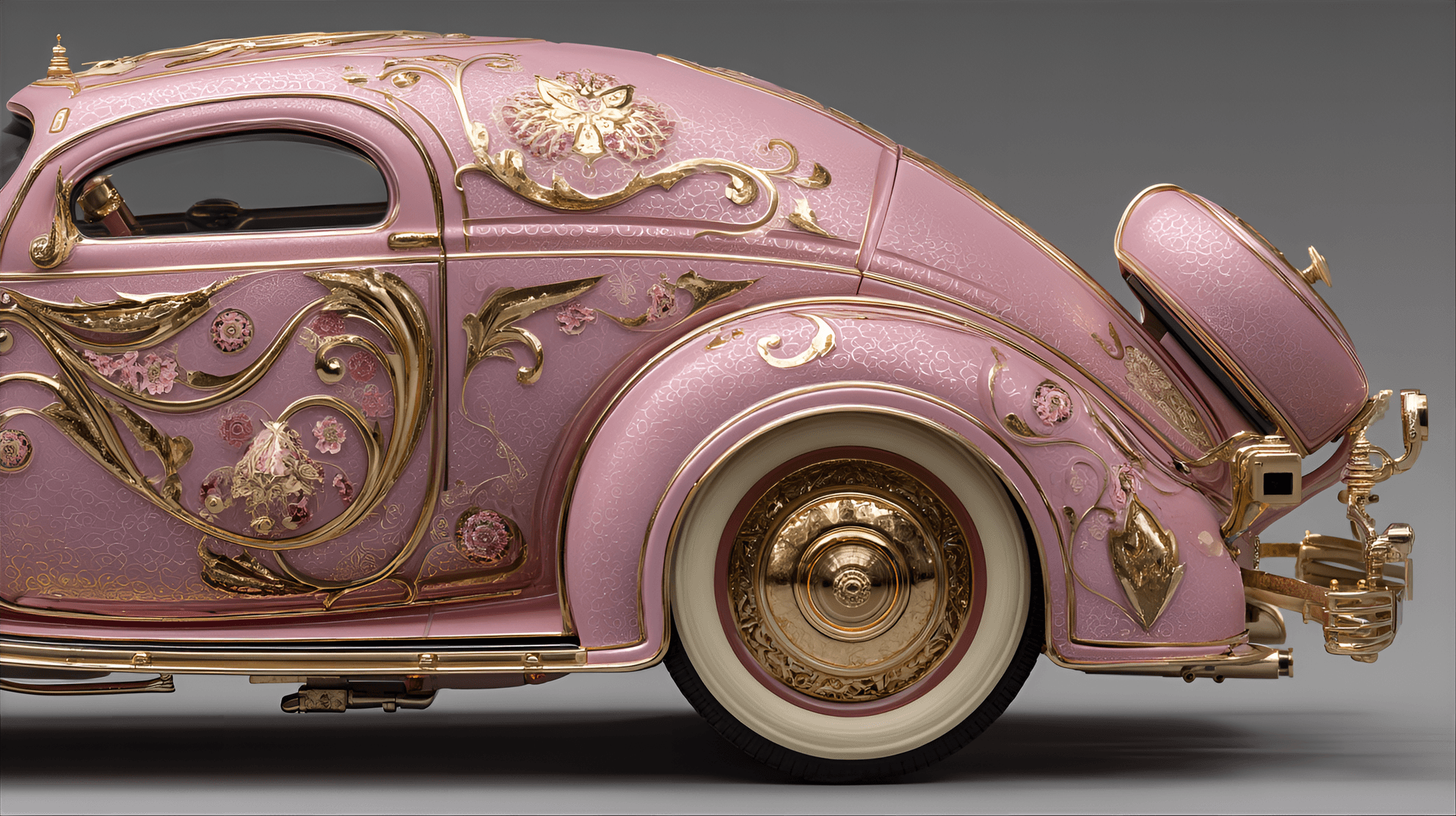 AI generated: pink and gold custom car,  exquisitely detailed,  ornate,  sculptural,  vintage,  futuristic,  luxur...