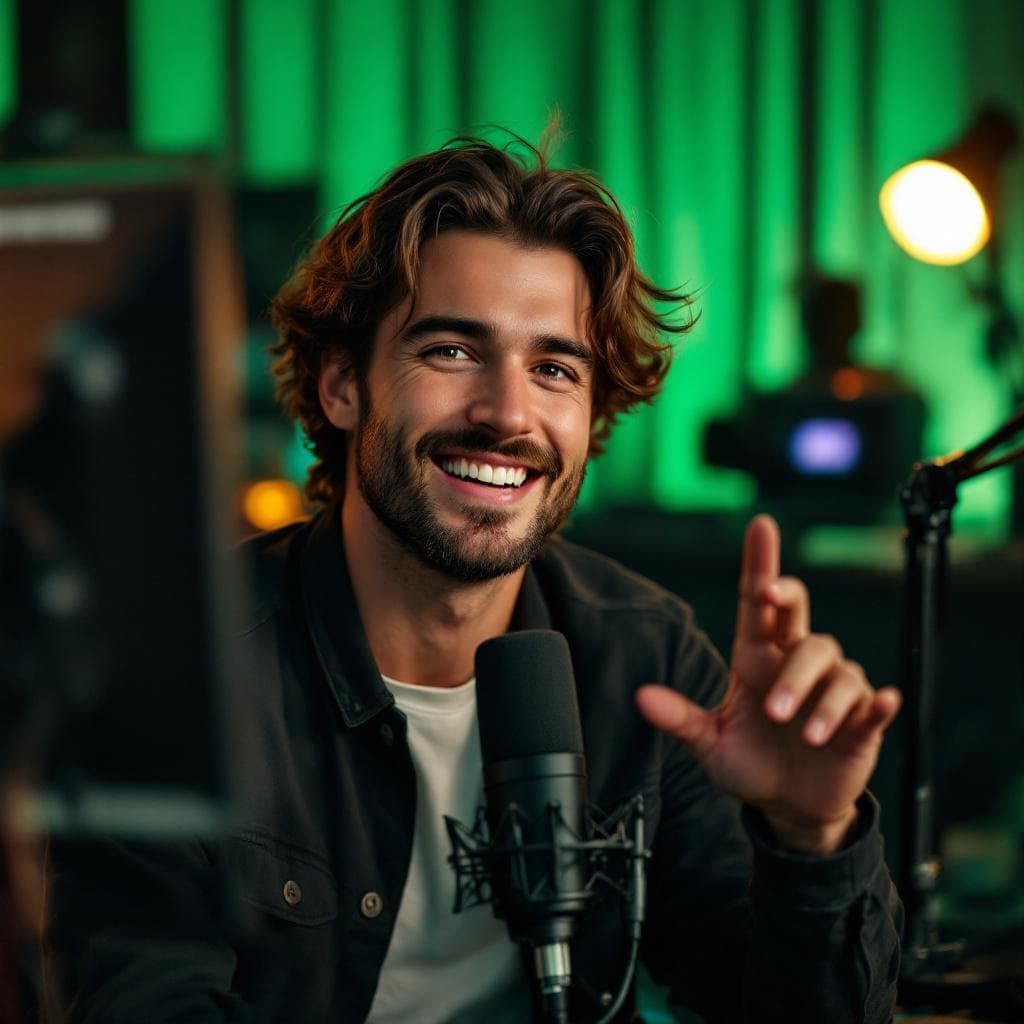AI generated: A hyper-realistic photo of a young male content creator in his late 20s, sitting in a modern podcast...