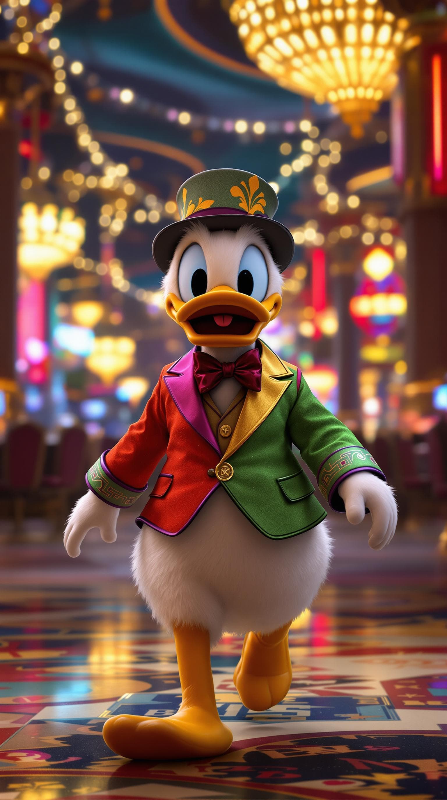 AI generated: Donald Duck walking through a Casino in Las Vegas, wearing a colored suit, 4k, hyper realistic, focu...