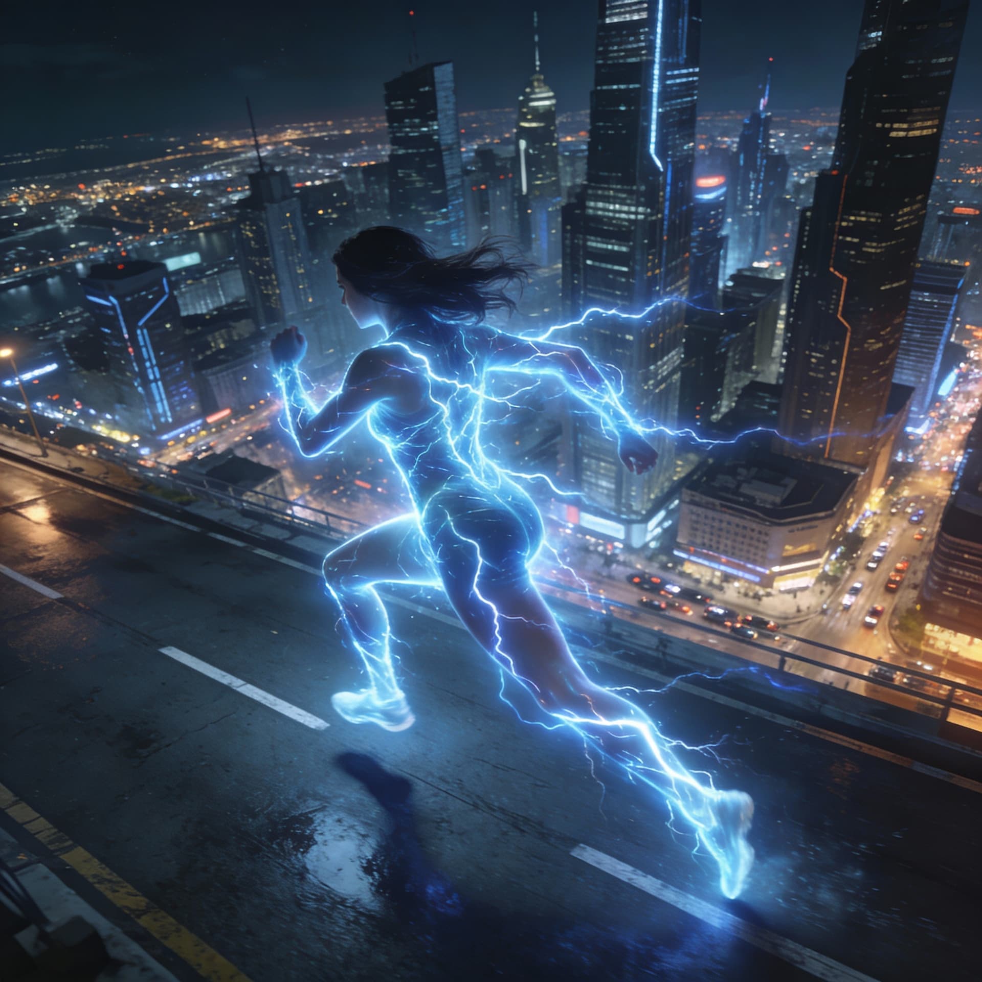AI generated: amazing lightingbolt woman, blue color, she run on the empty street, luminous, reflective, hyper det...