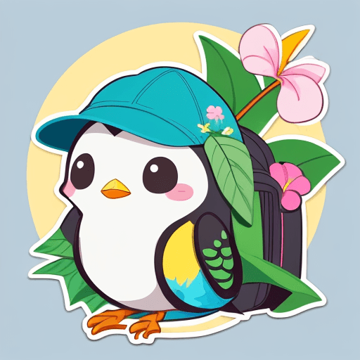 AI generated: a sticker with a cartoon animal with a backpack holding a flower, cute tropical bird, kawaii cutest ...