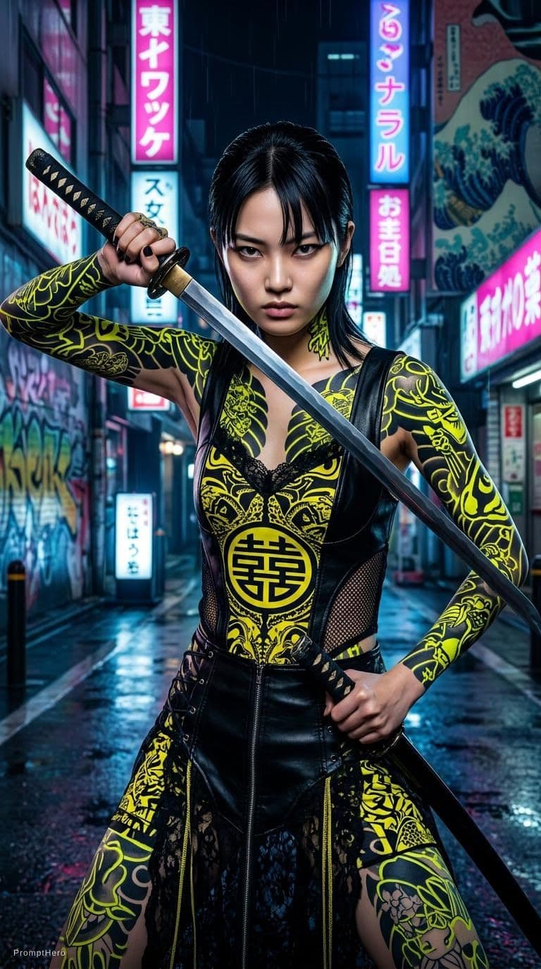 AI generated: Editorial Vivienne Tam photography of a gothic punk rebel Japanese [woman] with neon yellow and blac...
