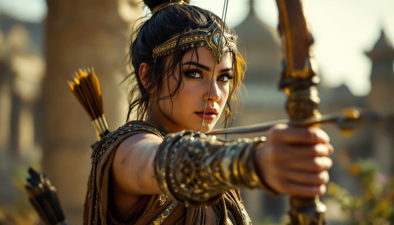 AI generated: Ultra-realistic.	Medium shot of Yutab nocking an arrow in her bow, her breathing calm and focused. [...