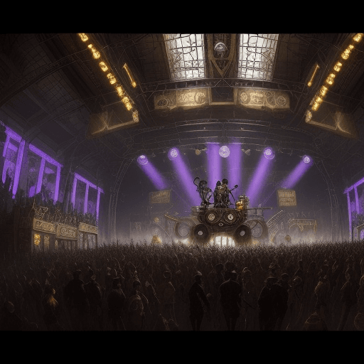AI generated: Photo steampunk with a dj playing   on the background with a Massive crowd in the front
