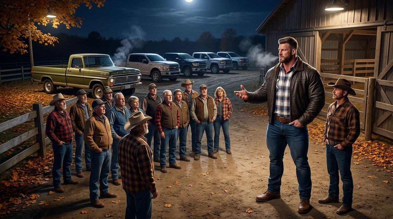 AI generated: In an Autumn night at a ranch. The vintage olive green Ford pick up truck is parked between other mo...
