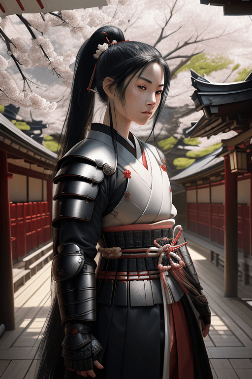 AI generated: Young Samurai with long black hair and ponytail, wearing samurai armor, standing in a Japanese templ...