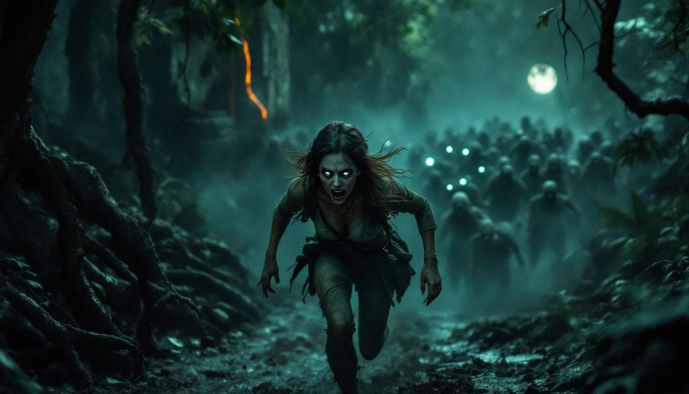 AI generated: A terrified female archaeologist running through a dense jungle at night, chased by an army of hundr...