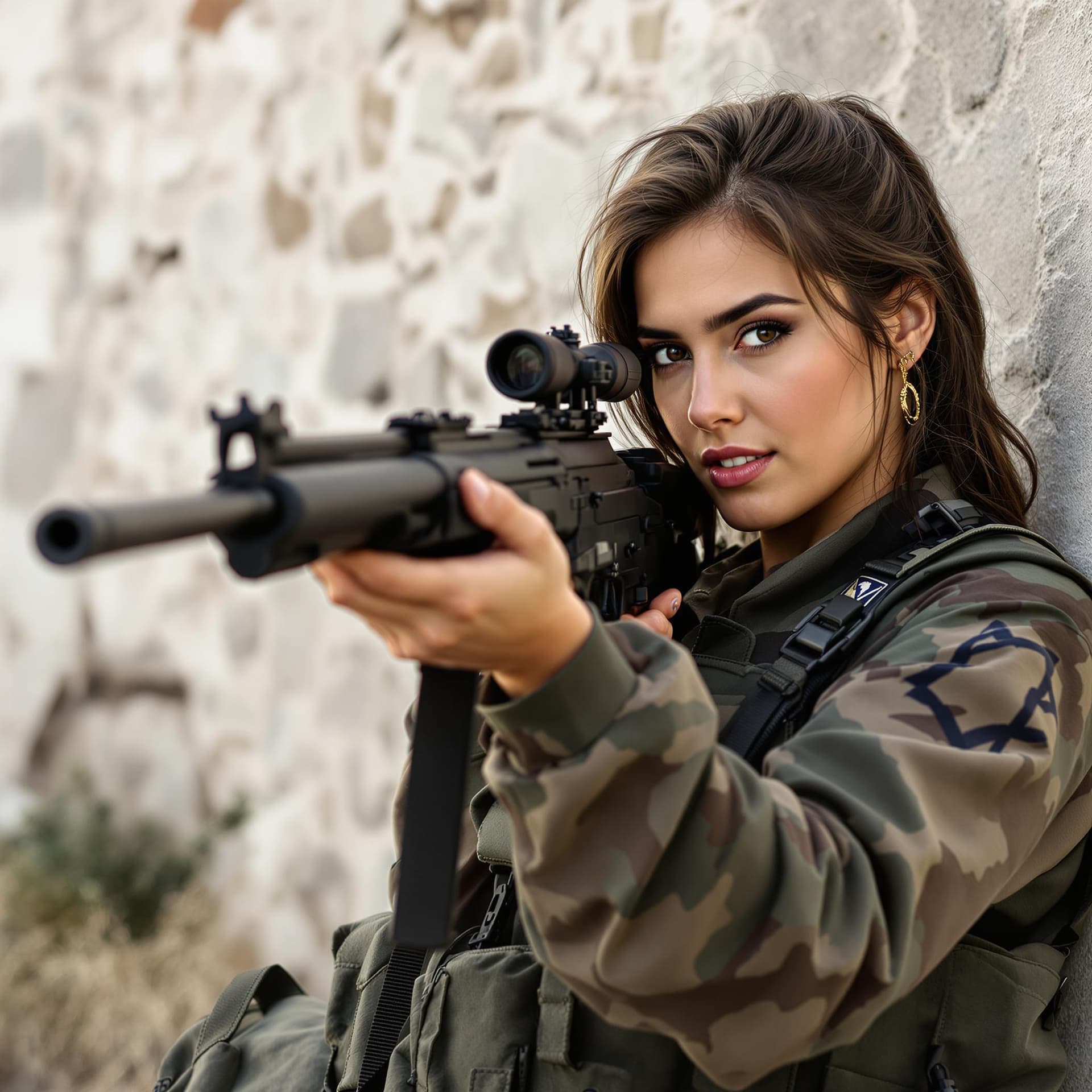 AI generated: A beautiful Israeli woman, in a military dress,  with a modern rifle in her hands, aiming to shoot