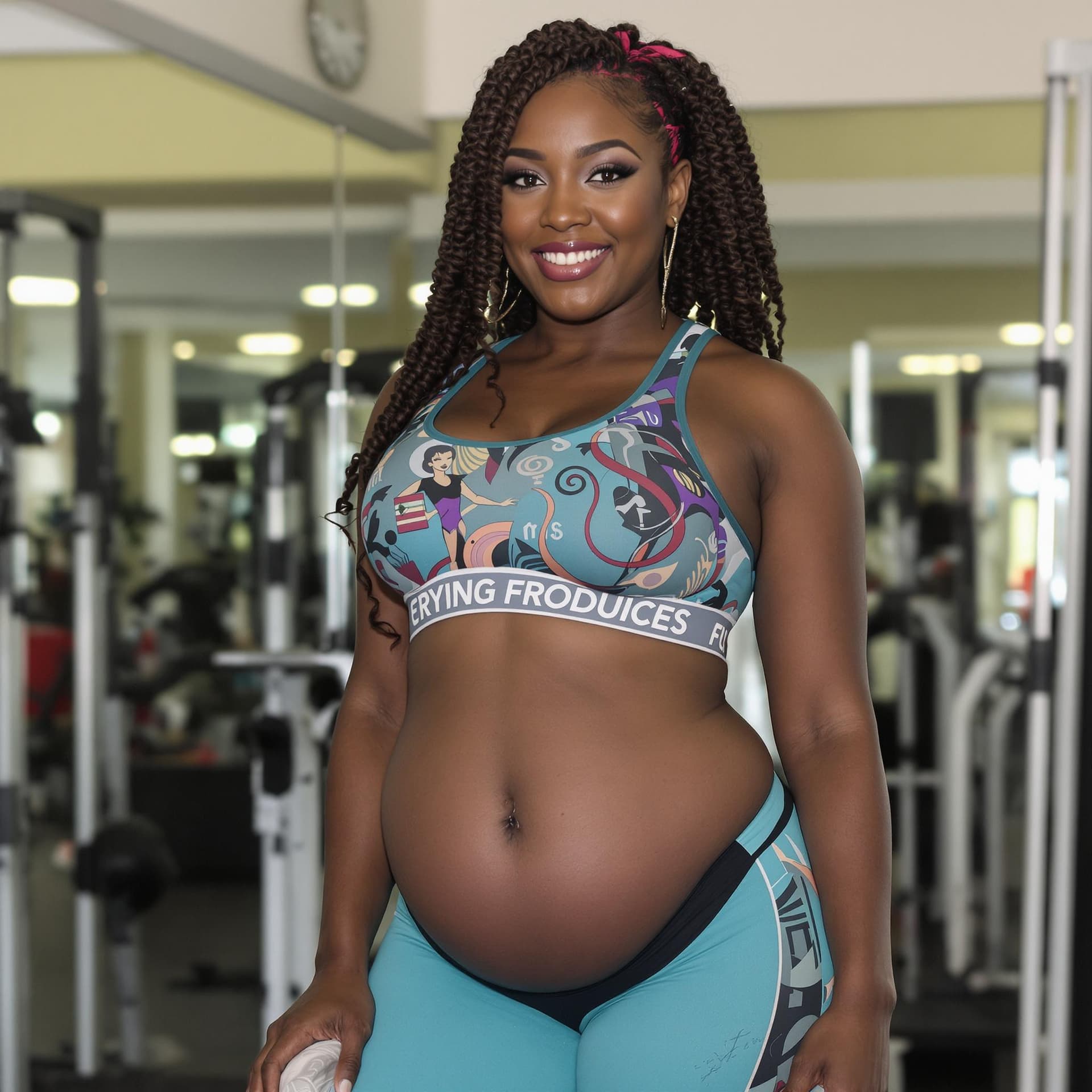 AI generated: attractive black woman with curvaceous body. She is wearing cyan leggings and a sports bra. The woma...