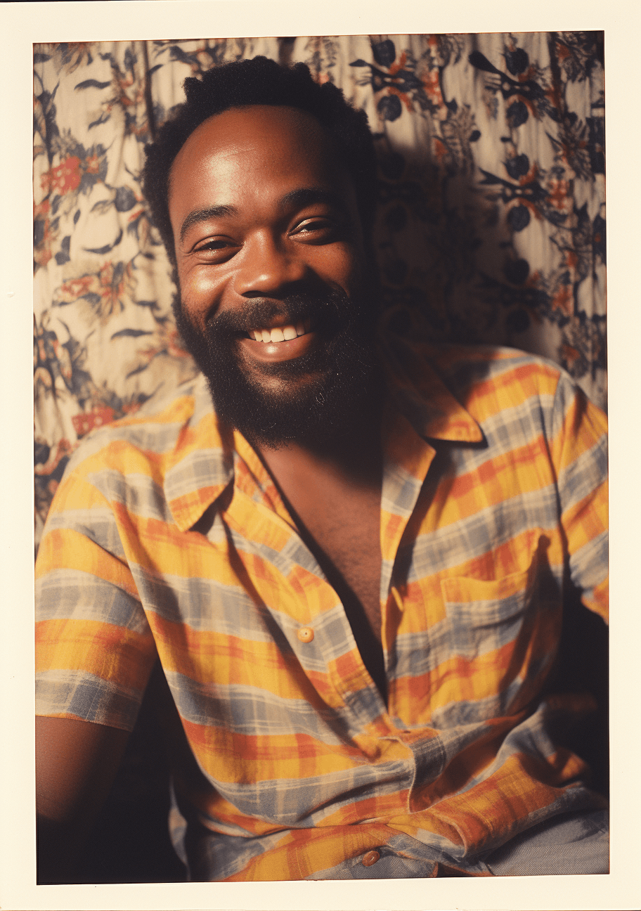 AI generated: A polaroid photo of an african american man with short hair and beard wearing patterned shirt, layin...