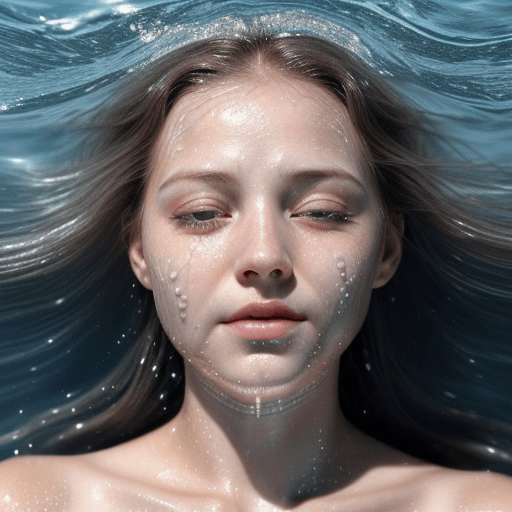 AI generated: A mesmerizing close-up image of a woman's face, with her eyes partially submerged in water. Her eyes...