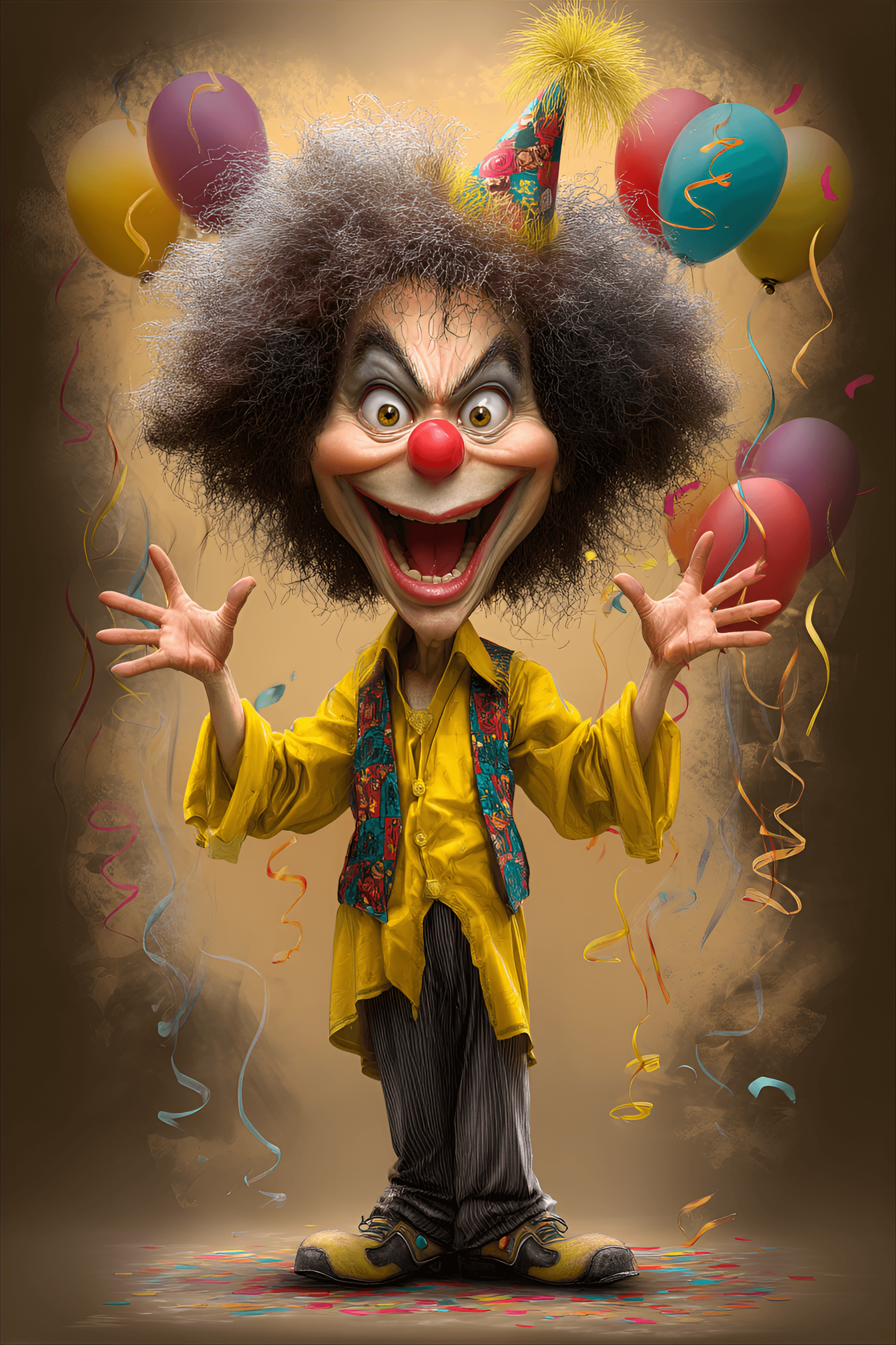 AI generated: funny caricature, manic party clown, 40 years old, wild-eyed, grinning, frizzy-haired, exaggerated e...