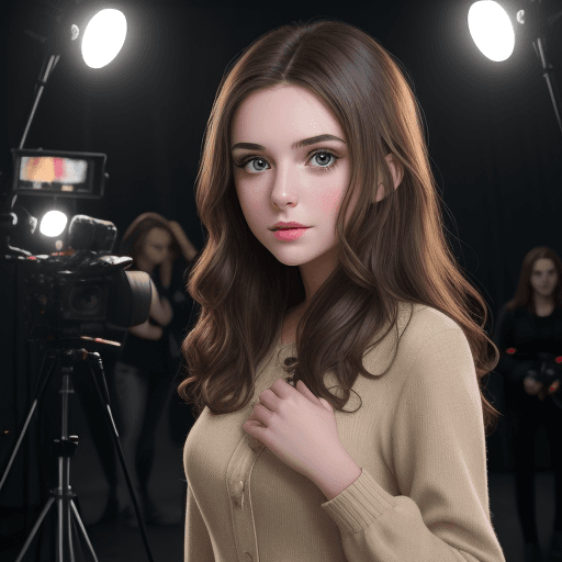 AI generated: young brunette actress on set surrounded by cameras and lights
