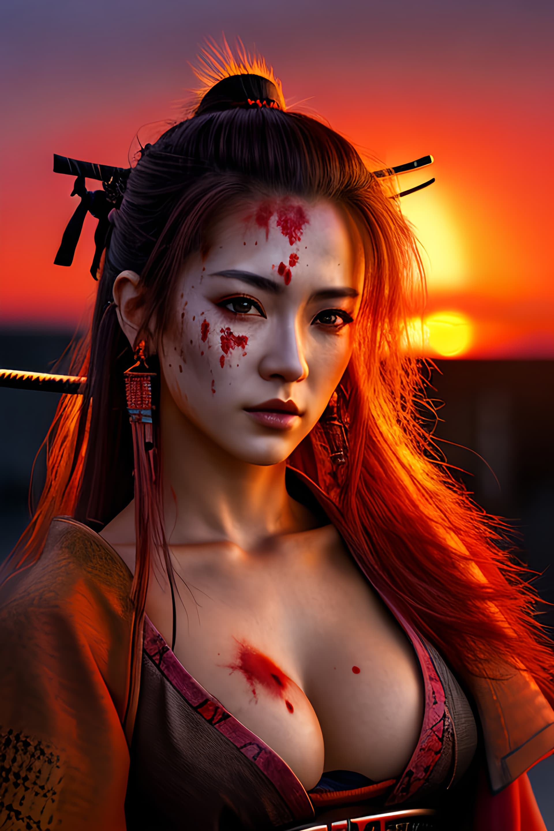 AI generated: A portrait of a female Samurai, long straight hair in a topknot, wearing traditional samurai clothin...
