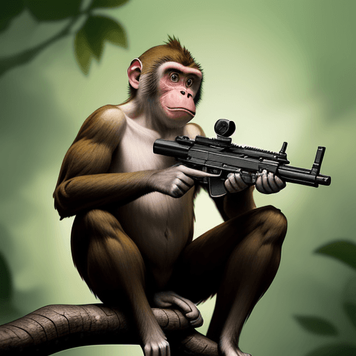AI generated: It depicts a monkey holding a gun, which is a type of weapon that can shoot bullets. The monkey is p...