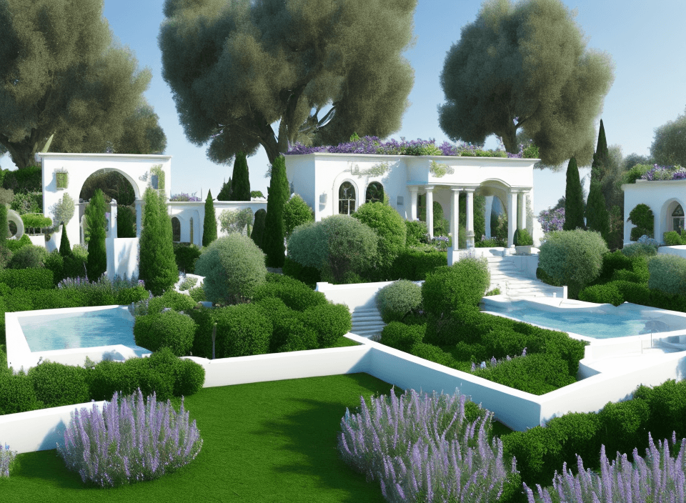 AI generated: generate a realistic and detailed rendering of a breathtakingly beautiful well landscaped mediterran...