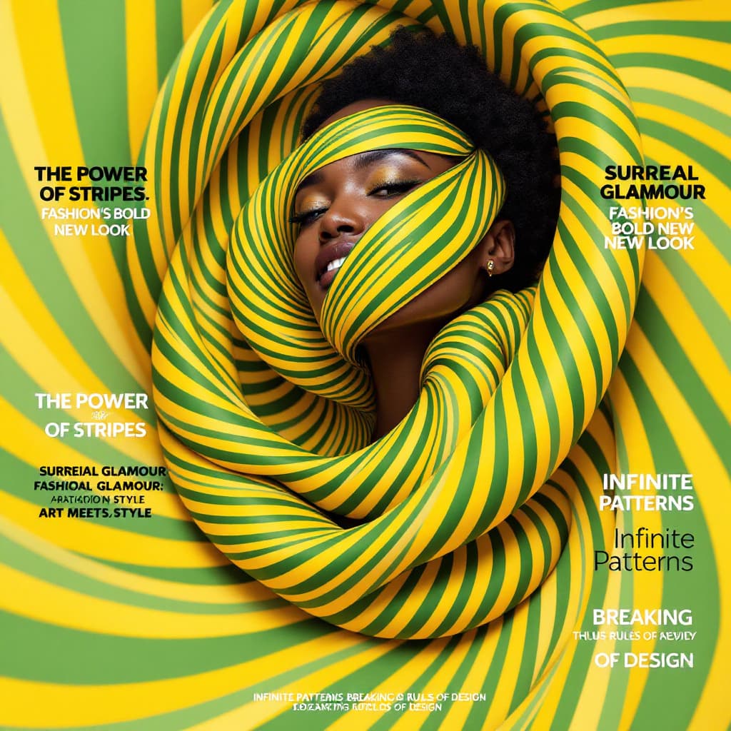 AI generated: magazine cover featuring a mesmerizing African woman wrapped in a swirling yellow and green vortex o...