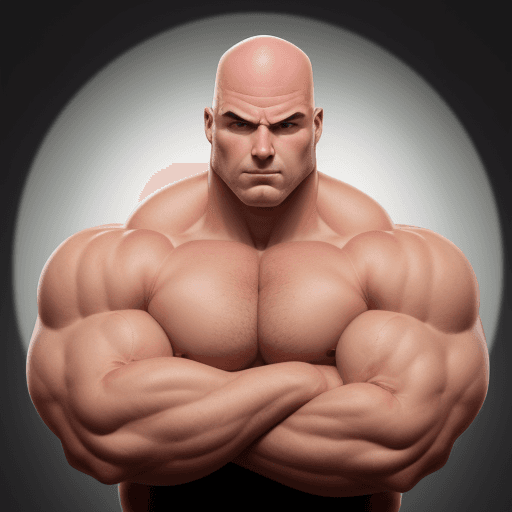 AI generated: add head to bodybuider body, biggest budybuilder in the world, with loosing hairs, wide head, keep e...