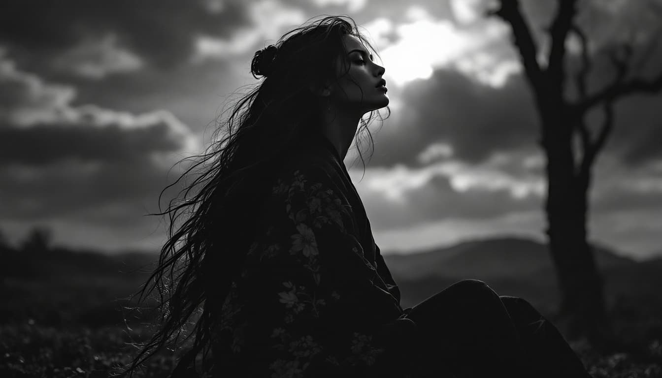 AI generated: black and white photography, fashion editorial, a portrait of beautiful darkhaired woman in nature s...