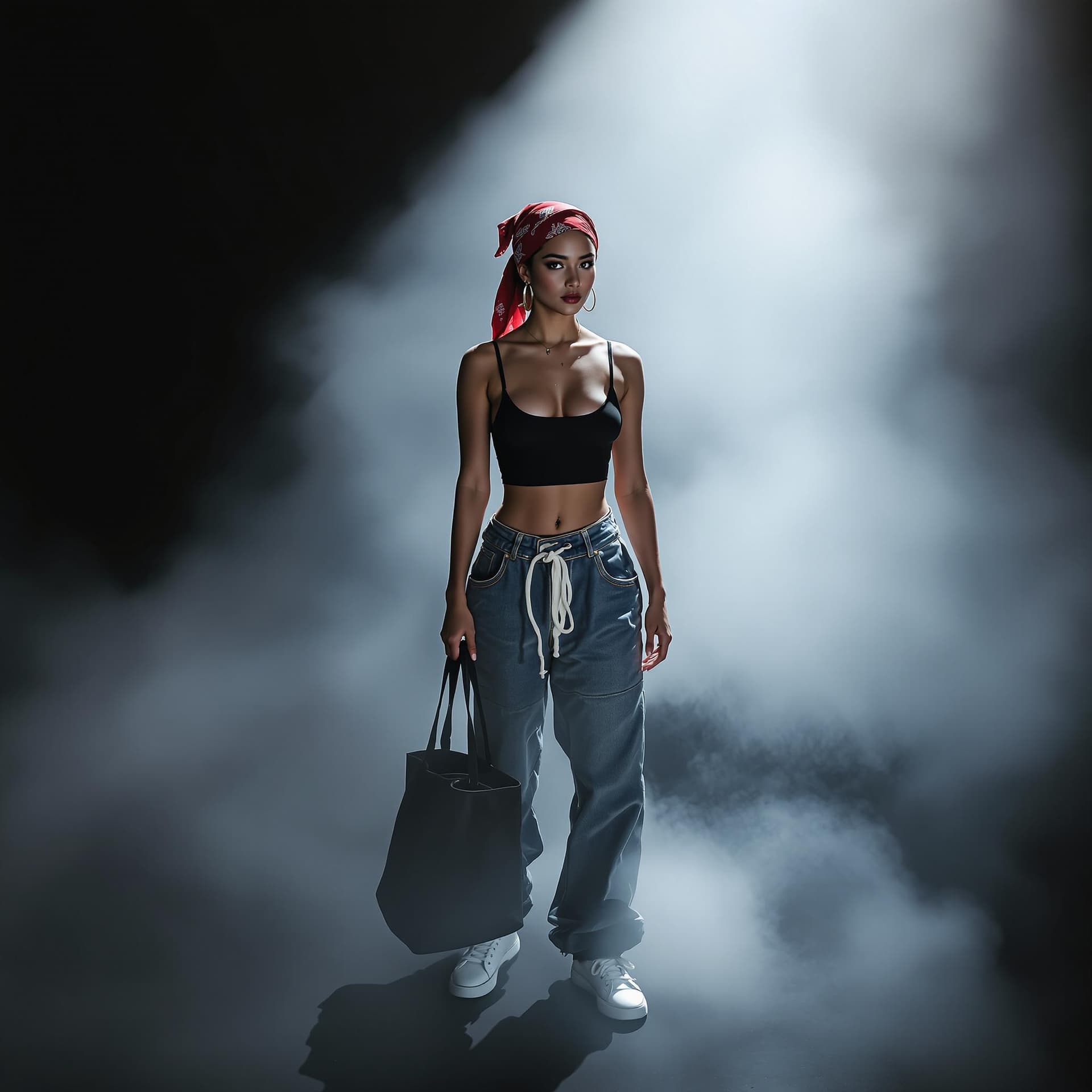AI generated: landscape photography, Y2K Street Fashion high angle photo of a 24 year old Zulu-Ilocano female fier...