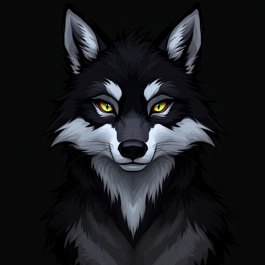 AI generated: Black Wolf fursona with dark gray, closer to black, highlights. It has extra wolf ears. It also has ...