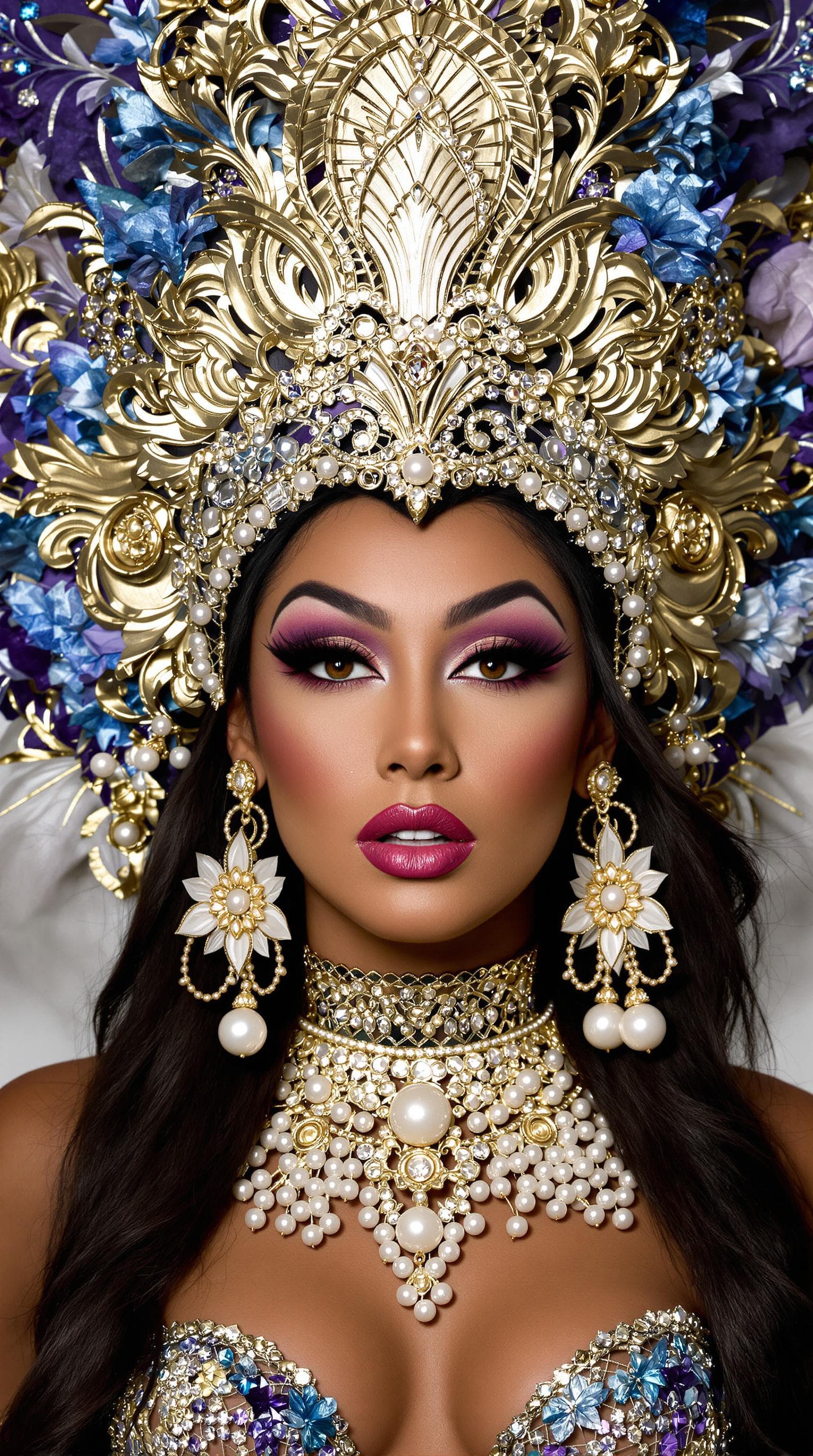AI generated: "Image is a highly stylised portrait featuring a carnival woman dancer with a striking and elaborate...