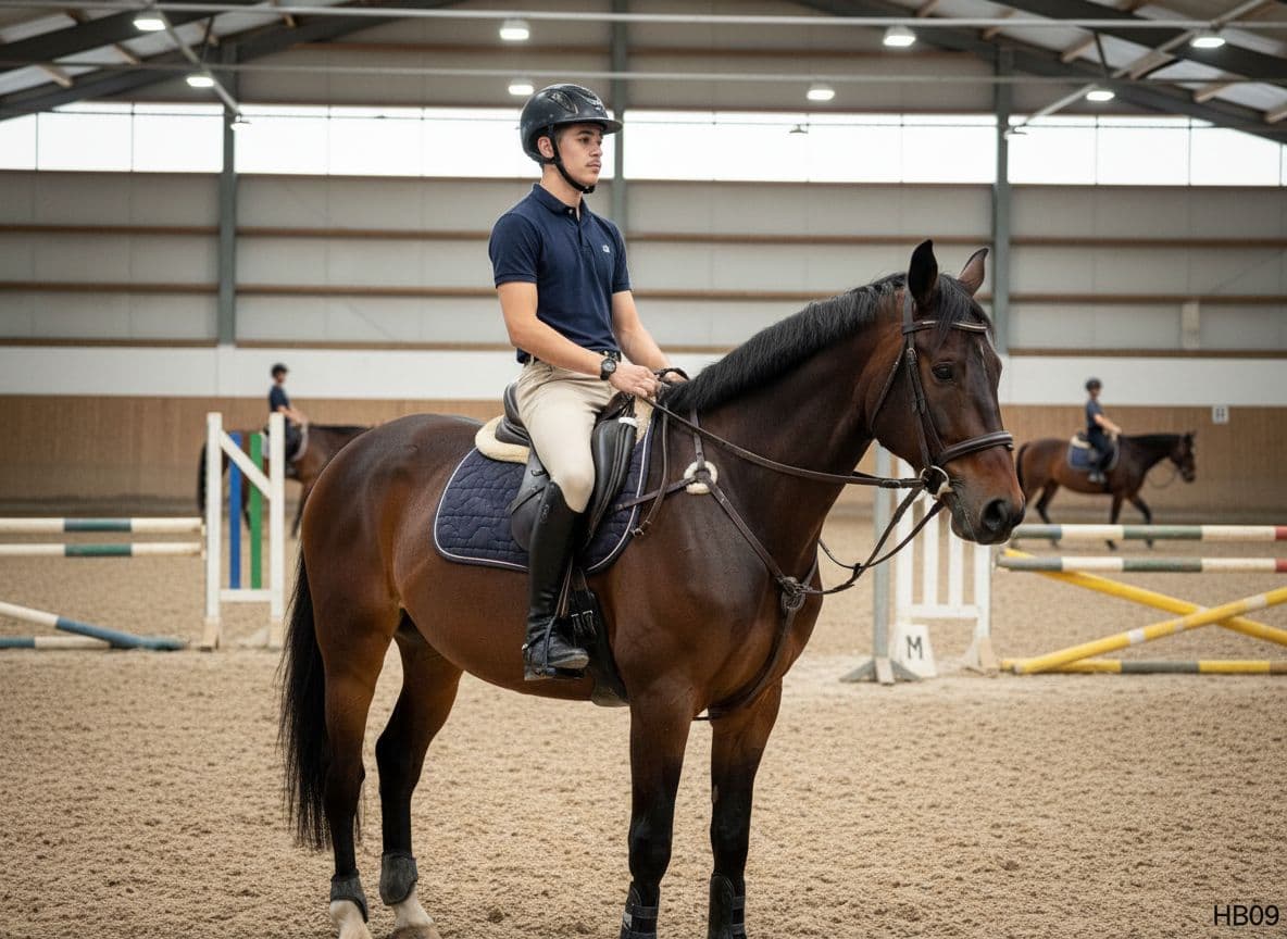 AI generated: on the back of a horse in a riding school.
With the discreet and very small watermark "HB09" at the...