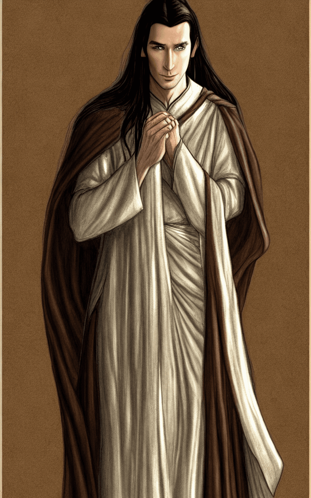 AI generated: Male Noldor elf with long shadowy brown hair, wearing fine silver robes.