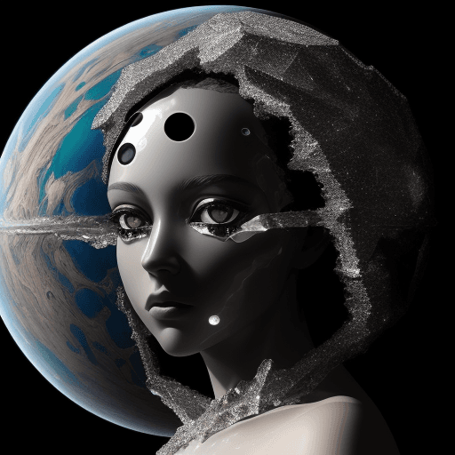 AI generated: a raw person made of crystal::2 big shiny black eyes, soulful eyes::planet in the background --v 4 -...