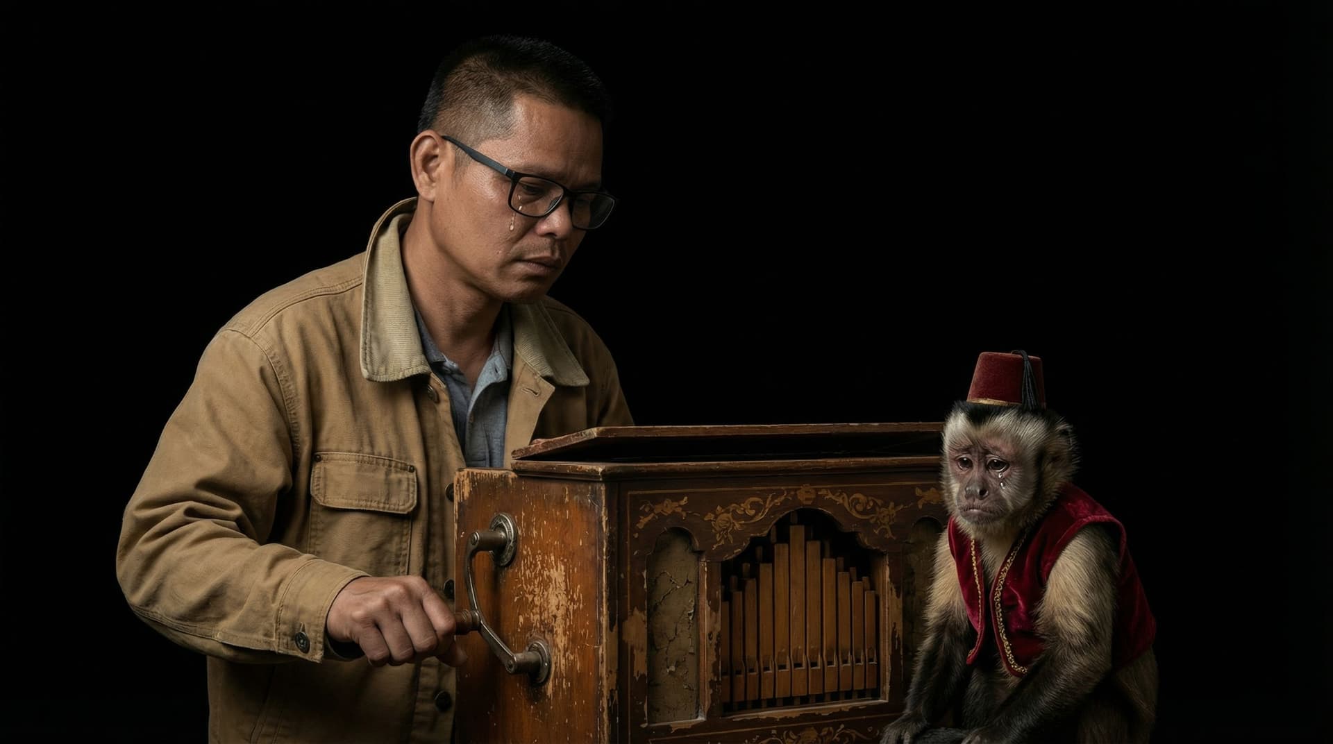 AI generated: pitch black background, with an organ grinder playing his organ, he has a tear in his eye and he is ...