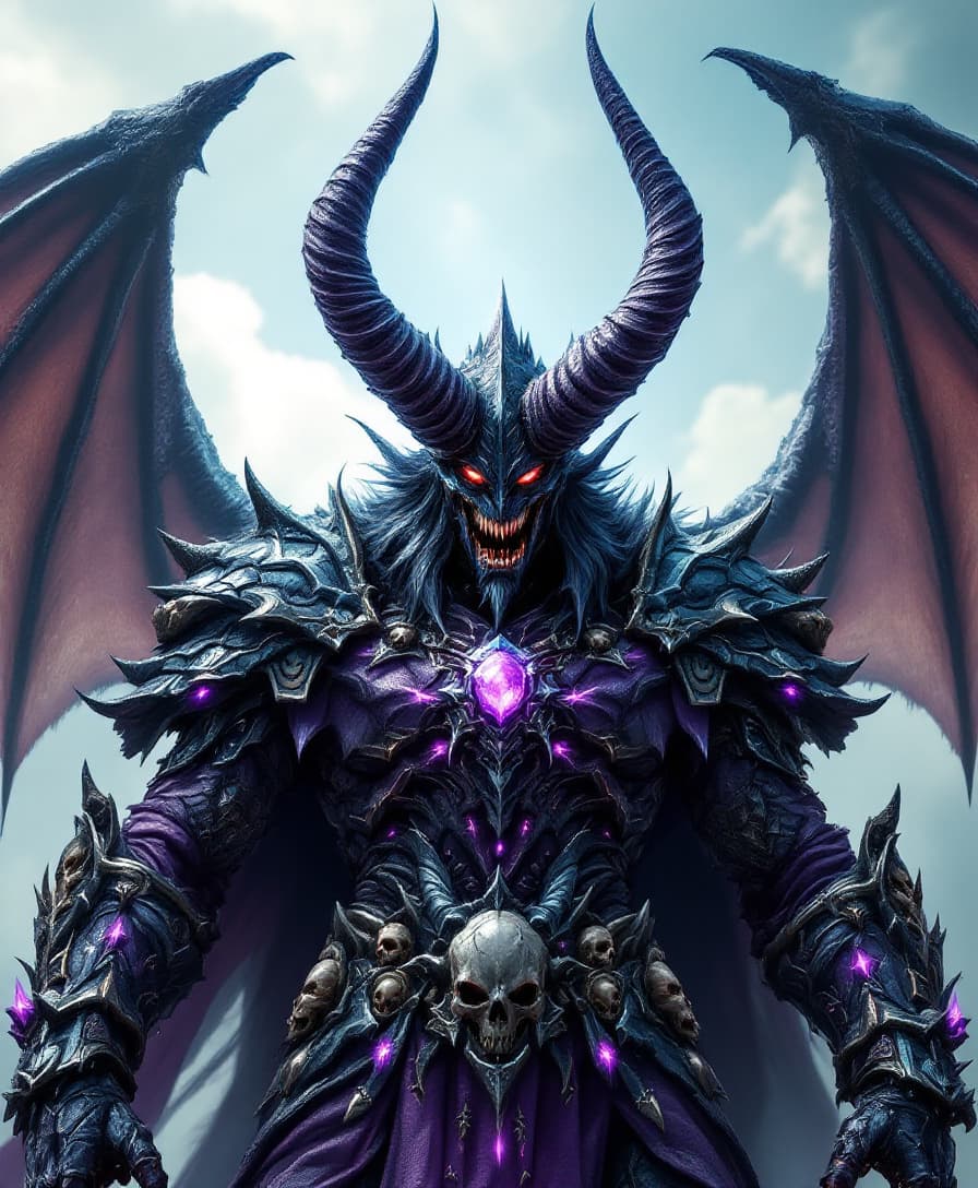 AI generated: A terrifying dark fantasy demon overlord, standing under a bright sky, fully armored in black and de...