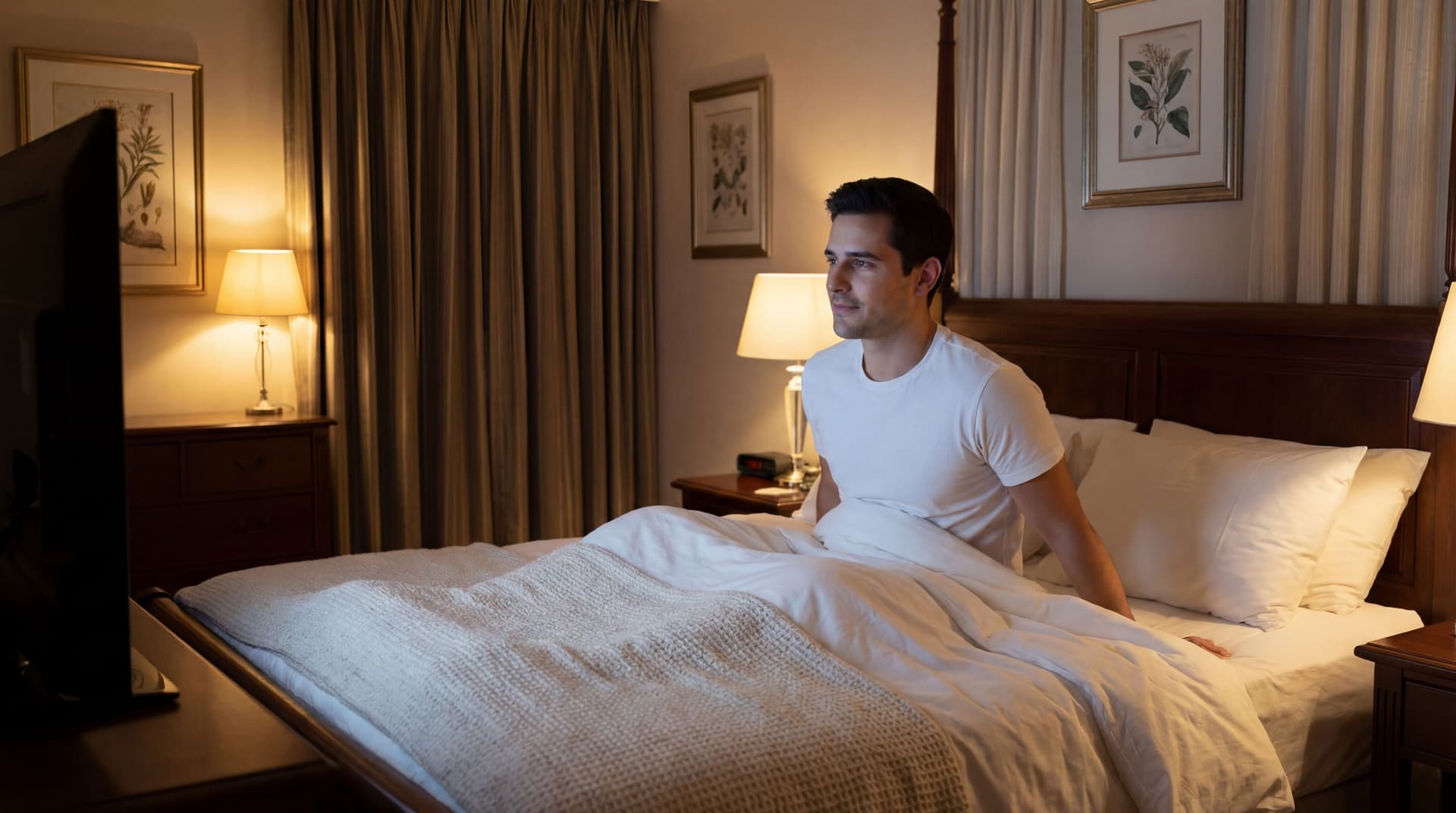 AI generated: At a very nice large bedroom at night, the Hispanic guy has a mellow expression on his face. He is s...