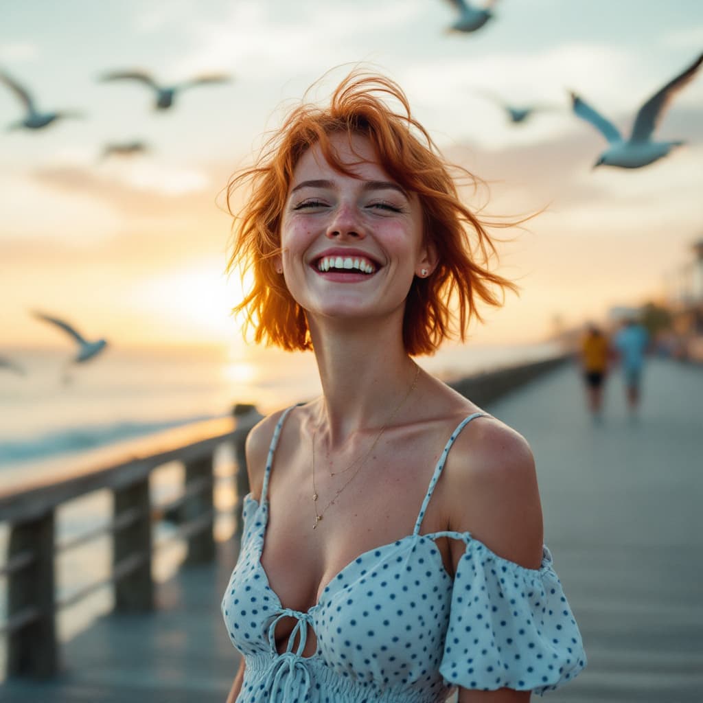 AI generated: 
A cinematic photograph of a lively red-haired woman with short, windswept hair and a face sprinkled...