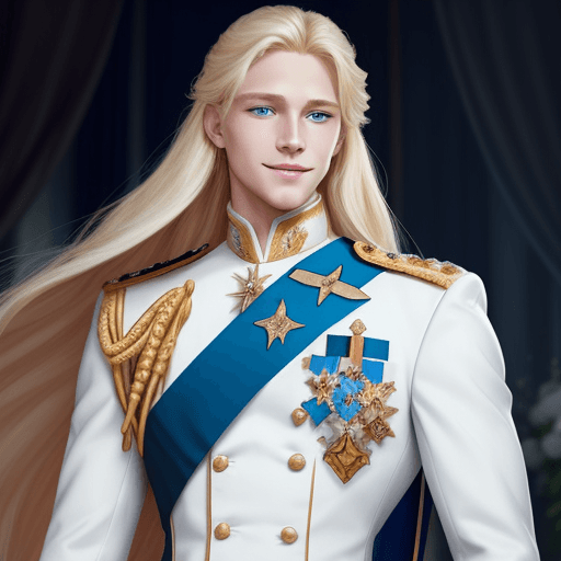 AI generated: generates a prince charming, blond with blue eyes and long hair, tall and muscular, chivalrous with ...