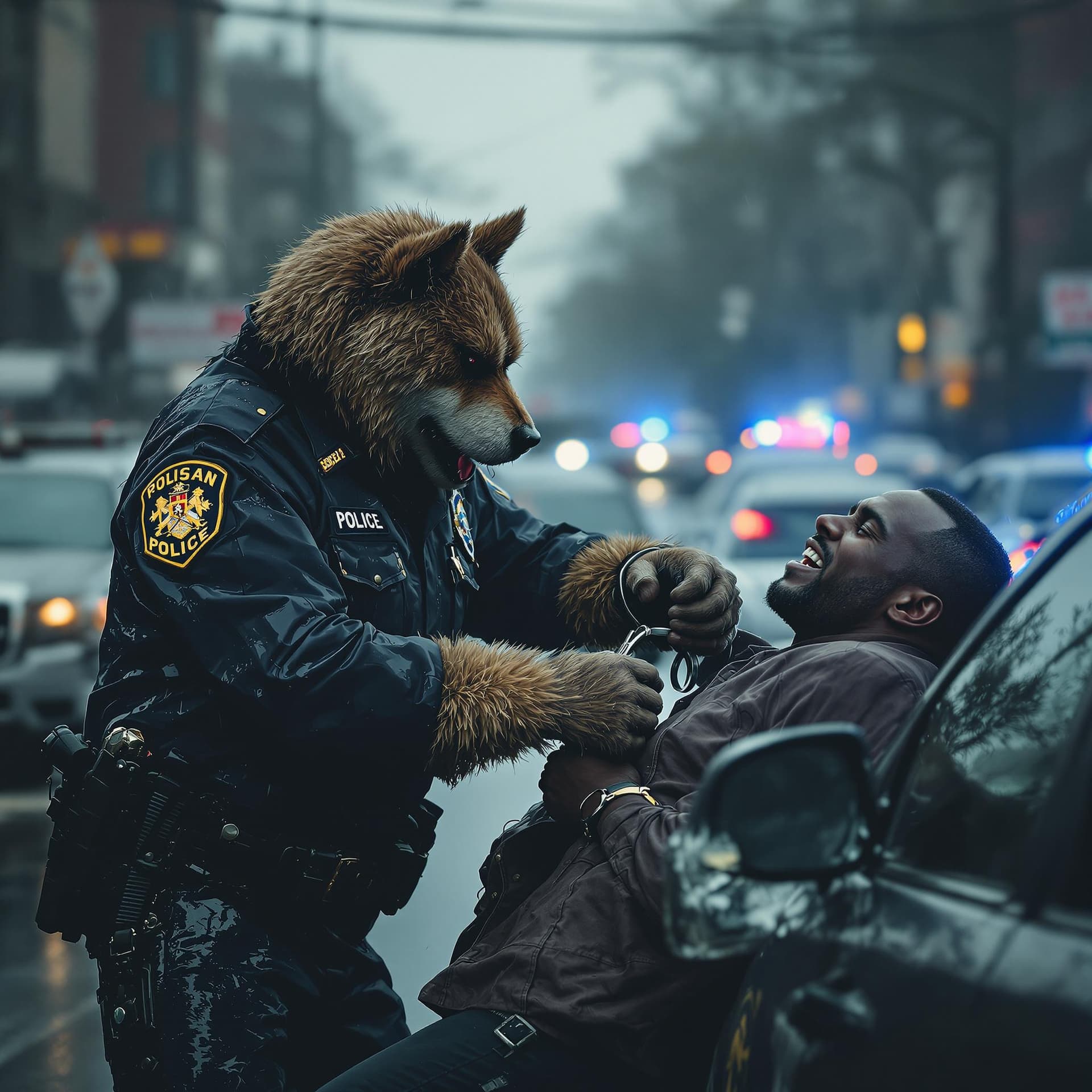 AI generated: dramatic emotional tension composition of policeman anthropomorphic dog with hairy paws in a worn we...