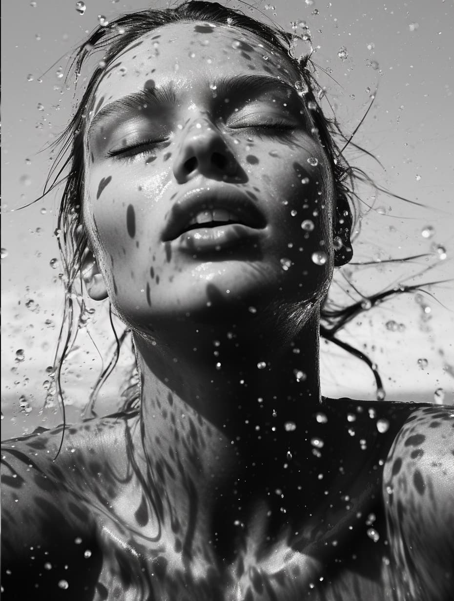 AI generated: a black and white photo of a woman in the water, mert and marcus, drops, kristine froseth, carola ru...
