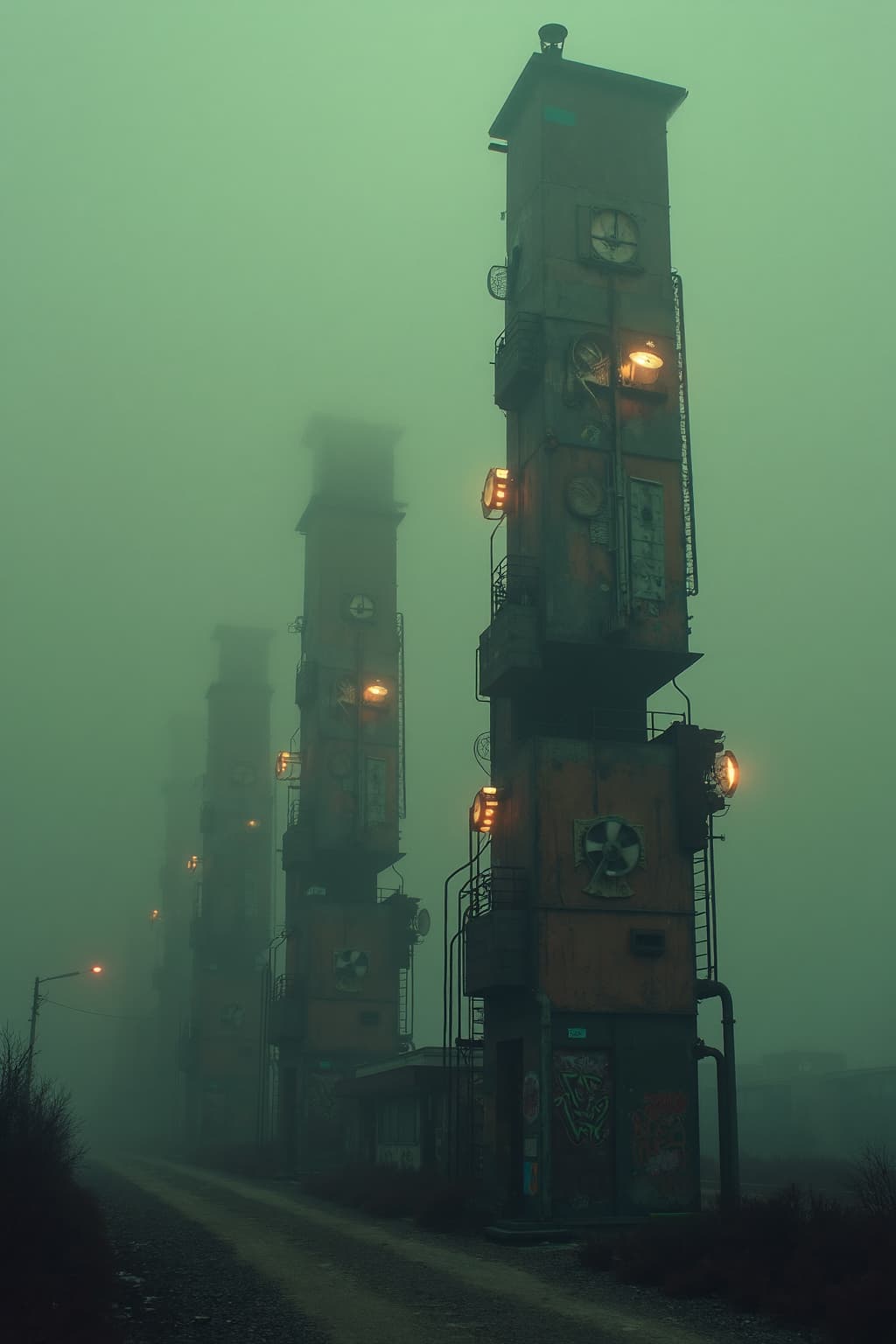 AI generated: A series of rusty, decrepit high-rises protrude from a dense fog, their twisted forms stretching int...