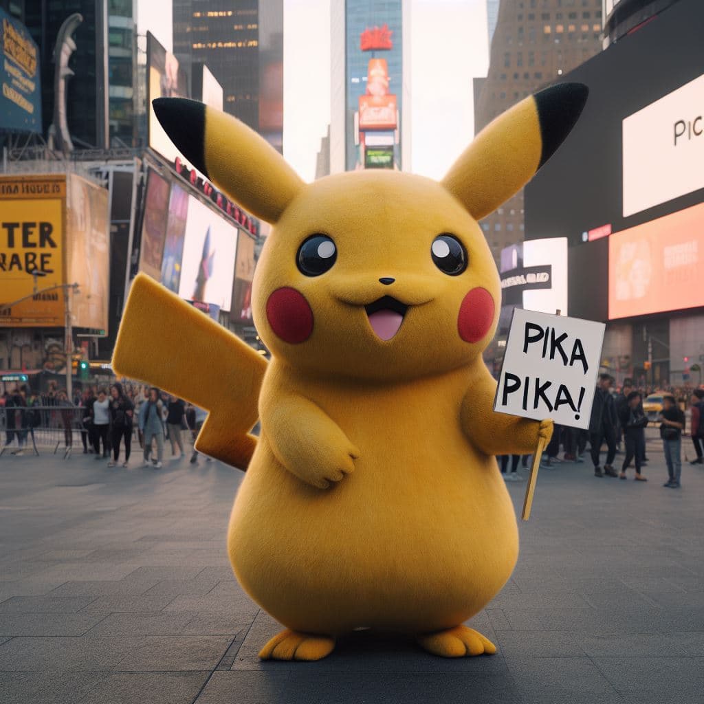 AI generated: Hyper realistic picture of pikachu facing time square street, holding a sign that says "Pika Pika!"