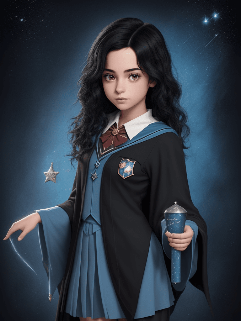 AI generated: black hair, disney style, cute, pretty, fantasy, hogwarts student, magic, stars, harry potter theme,...