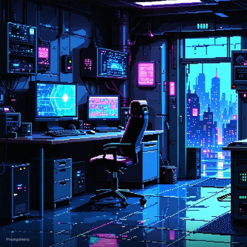 AI generated: pixel art cyberpunk 16 bit video game, highly detailed, 8k. room. computer 