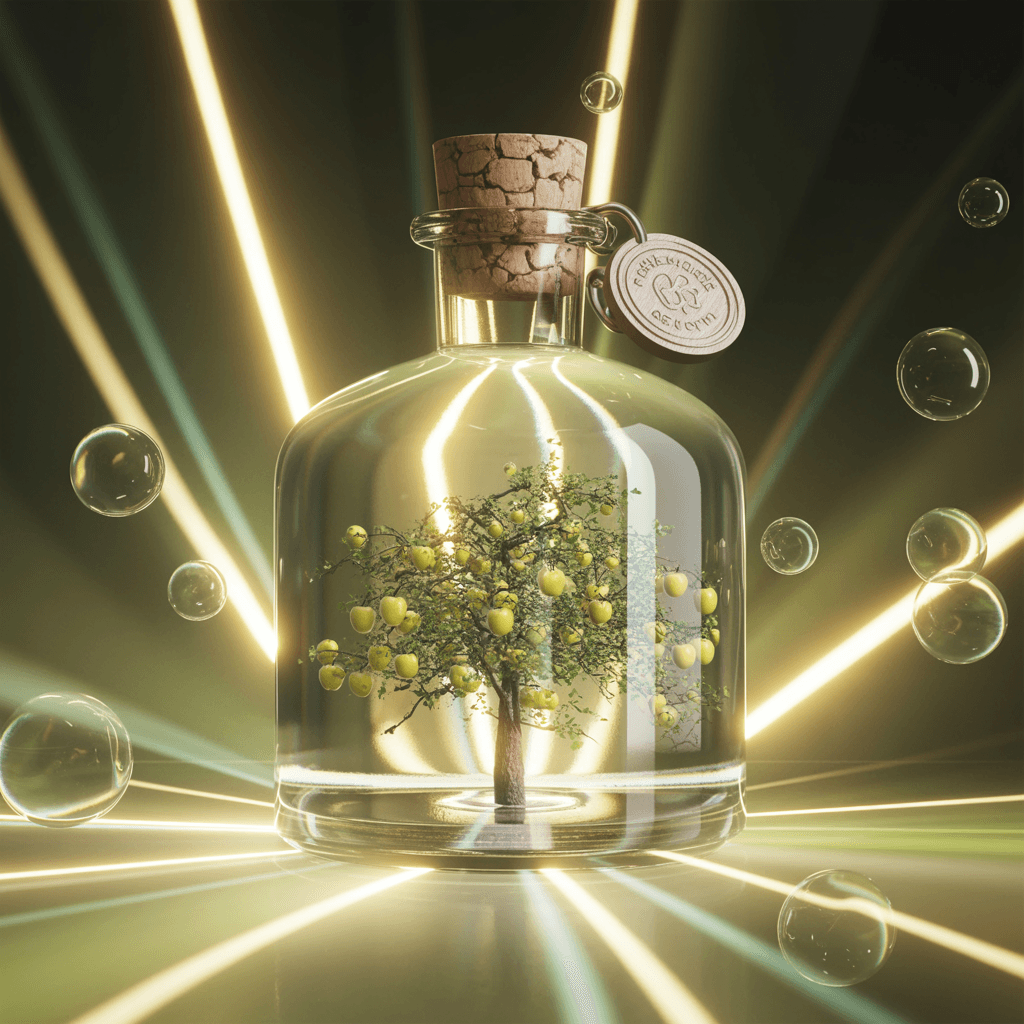 AI generated: A highly stylized marketing photoshoot. A striking close-up shot features a clear glass bottle with ...