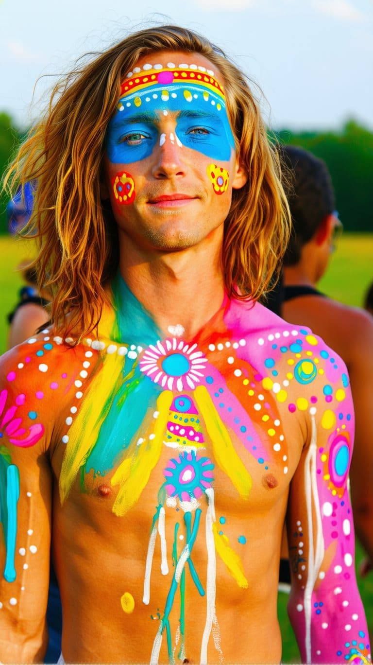 AI generated: Nude female Hippie, bodypainted in Woodstock 