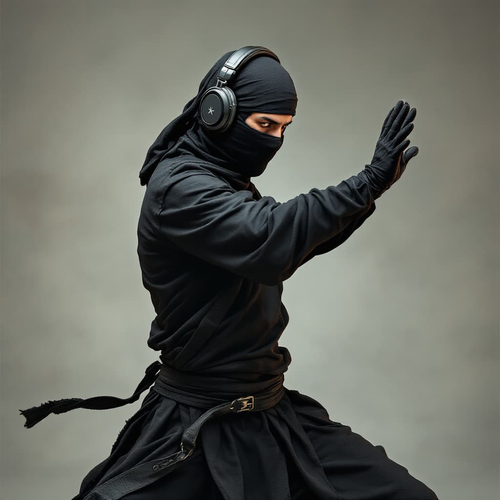 AI generated: a male ninja wrapped in whole body armopr with headphones listening to classical music and doing tha...