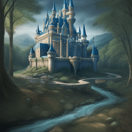 AI generated: the letter A designed like a river, fantasy castle in background, in the forest