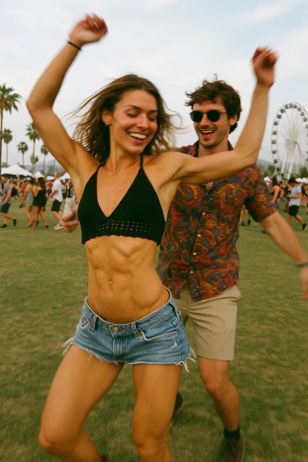 AI generated: generate a picture of a woman and a man dancing on the cochella festival during the day time. her de...