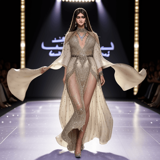 AI generated: 
A dynamic runway shot of a 21-year-old Arab supermodel strutting down the catwalk, bold lights refl...