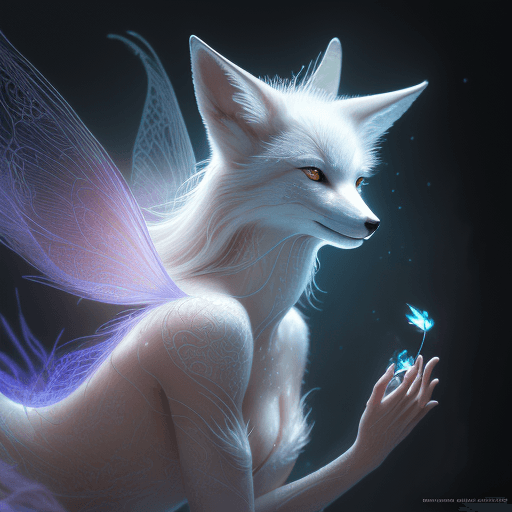 AI generated: Complete and delicate portrait of a white nine - tailed fox, Close shot a close-up，beautiful, agile,...