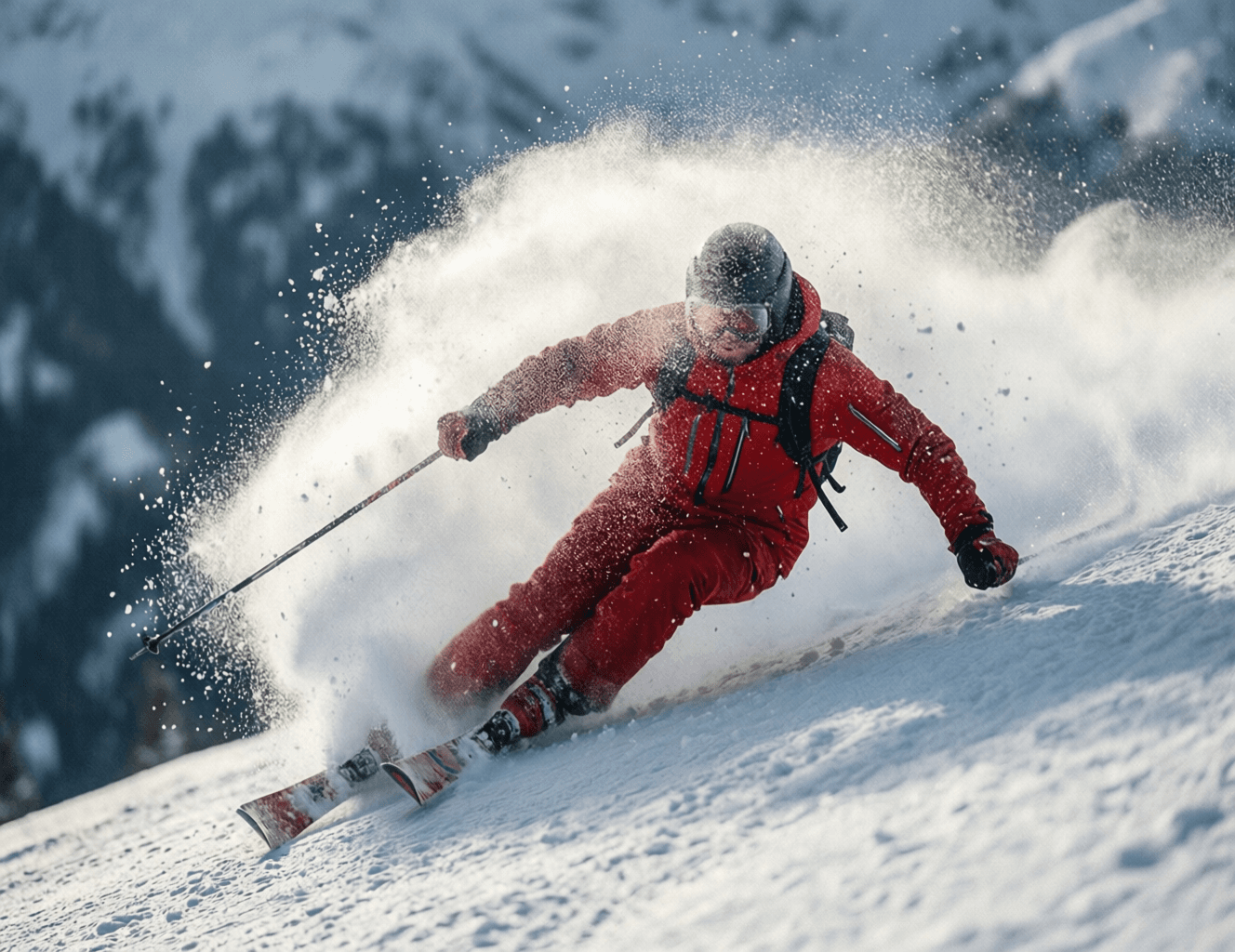 AI generated: Wide angle dynamic shot obscured by powdery snow thrown at viewer by a skier making a dynamic turn, ...