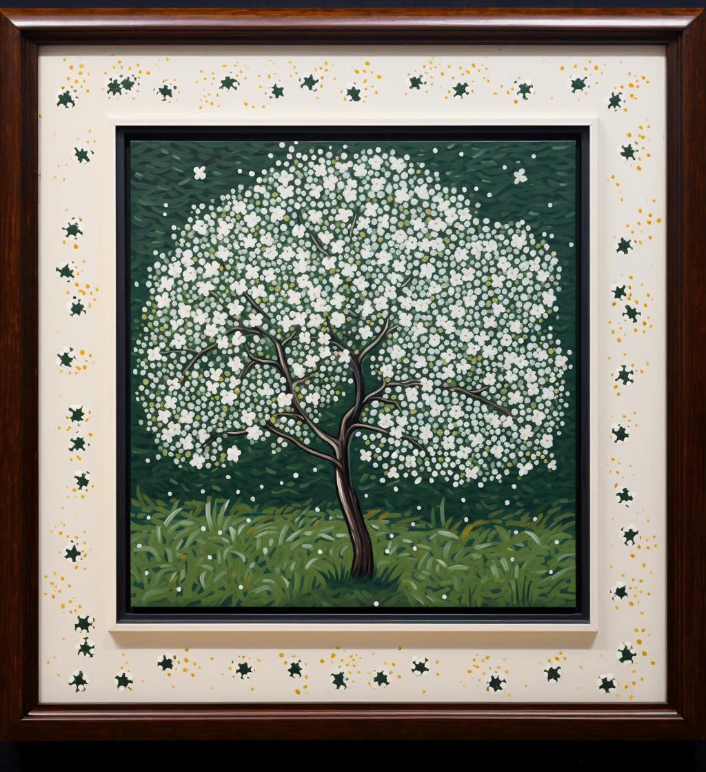 AI generated: n the style of pointillism, a painting depicting four blooming apple trees in white blossoms on gree...